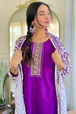 Wine Reyon Muslin With Embroidery Kurta Set_Kumari Sarees