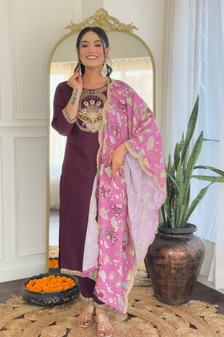 Wine Viscose Reyon Chinon Embroidery Kurta Set_Kumari Sarees