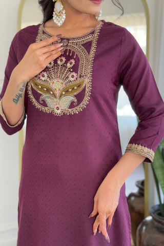 Wine Viscose Reyon Chinon Embroidery Kurta Set_Kumari Sarees