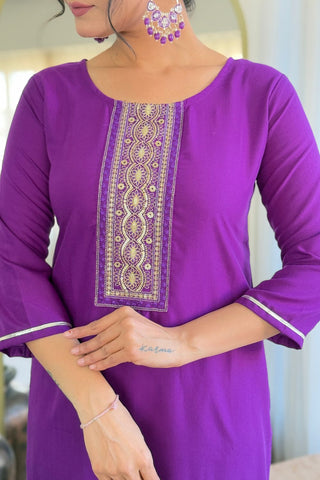 Wine Reyon Muslin With Embroidery Kurta Set_Kumari Sarees