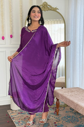 Wine Viscose Reyon Chinon Embroidery Kurta Set_Kumari Sarees