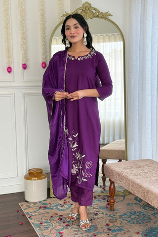 Wine Viscose Reyon Chinon Embroidery Kurta Set_Kumari Sarees