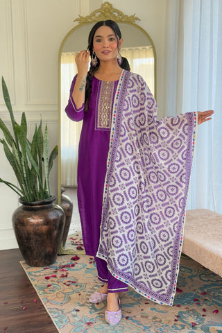 Wine Reyon Muslin With Embroidery Kurta Set_Kumari Sarees