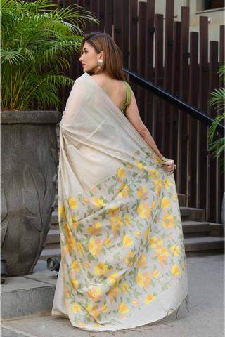 YELLOW JAMDANI MULMUL COTTON SAREE