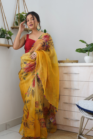 YELLOW ORGANZA SILK SAREE