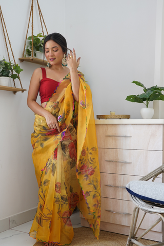 YELLOW ORGANZA SILK SAREE