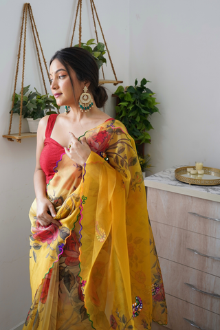 YELLOW ORGANZA SILK SAREE