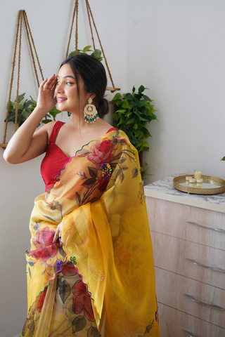 YELLOW ORGANZA SILK SAREE