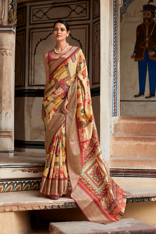 YELLOW & RED DOLA VISCOSE WITH TOP CLASS PRINT SAREES