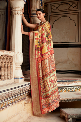 YELLOW & RED DOLA VISCOSE WITH TOP CLASS PRINT SAREES