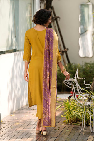 Yellow Tissue With Floral Print and Embroidery Kurta Set