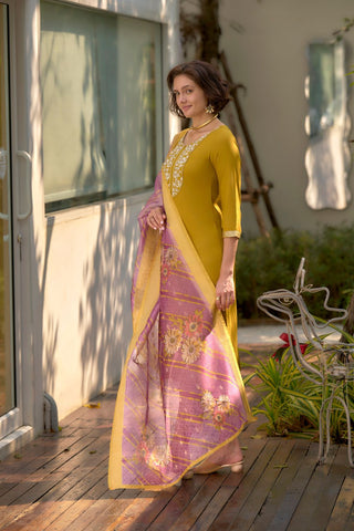 Yellow Tissue With Floral Print and Embroidery Kurta Set