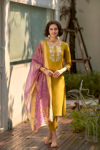 Yellow Tissue With Floral Print and Embroidery Kurta Set