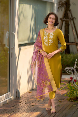 Yellow Tissue With Floral Print and Embroidery Kurta Set