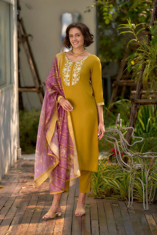 Yellow Tissue With Floral Print and Embroidery Kurta Set