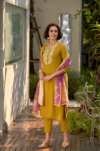 Yellow Tissue With Floral Print and Embroidery Kurta Set