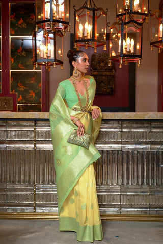 YELLOW & GREEN PURE LINEN WEAVING SAREE