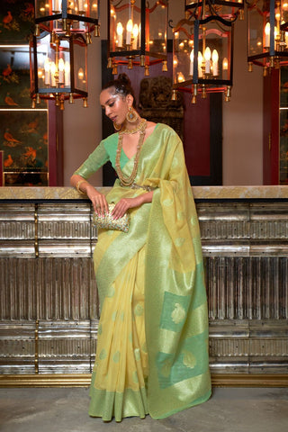 YELLOW & GREEN PURE LINEN WEAVING SAREE