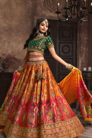 Yellow and Green Silk Lehenga With Sequence Zarkan Work