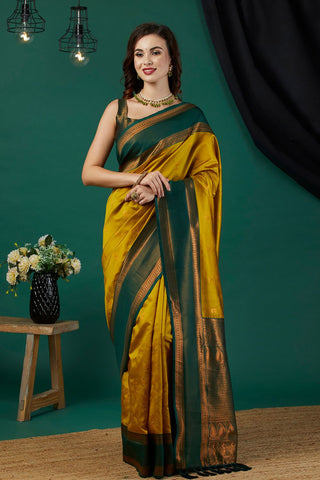 Yellow & Green Banarasi Silk Saree_Kumari Sarees