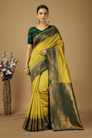 Yellow & Green Kanjeevaram Silk Saree_Kumari Sarees