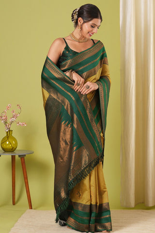 Yellow & Green Banarasi Silk Saree_Kumari Sarees