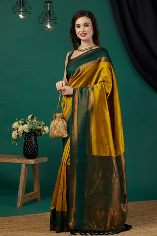 Yellow & Green Banarasi Silk Saree_Kumari Sarees