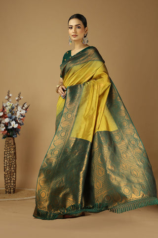 Yellow & Green Kanjeevaram Silk Saree_Kumari Sarees