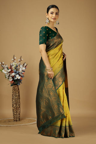 Yellow & Green Kanjeevaram Silk Saree_Kumari Sarees