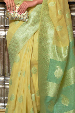 YELLOW & GREEN PURE LINEN WEAVING SAREE