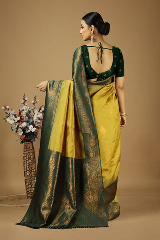 Yellow & Green Kanjeevaram Silk Saree_Kumari Sarees