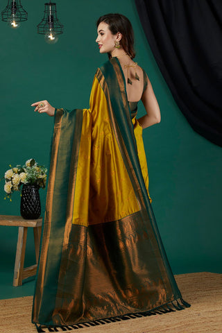 Yellow & Green Banarasi Silk Saree_Kumari Sarees