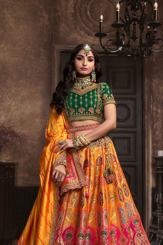 Yellow and Green Silk Lehenga With Sequence Zarkan Work