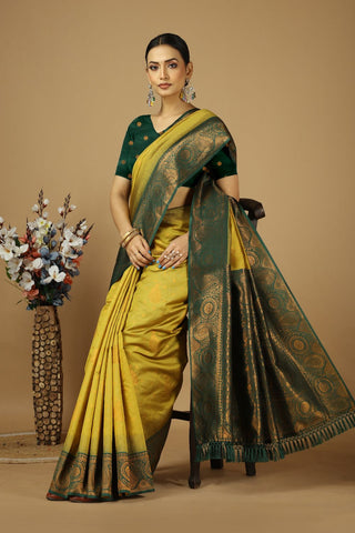 Yellow & Green Kanjeevaram Silk Saree_Kumari Sarees
