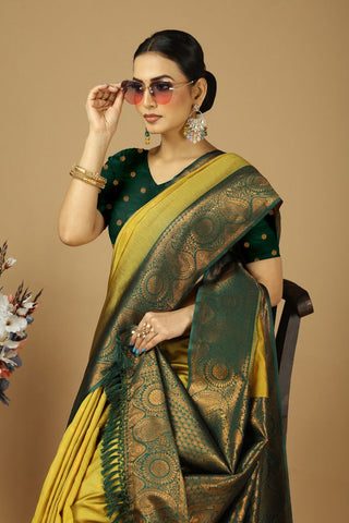 Yellow & Green Kanjeevaram Silk Saree_Kumari Sarees