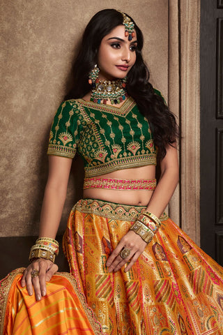 Yellow and Green Silk Lehenga With Sequence Zarkan Work