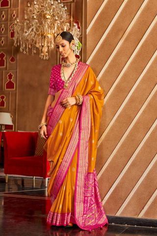 Yellow Patola Silk Saree With Sambalpuri Pallu_Kumari Sarees