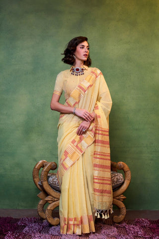 Yellow Spun Handloom Weaving Silk Saree