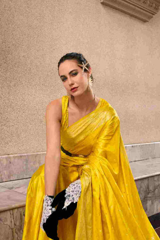 Yellow Pure Satin Silk Crepe Saree_Kumari Sarees