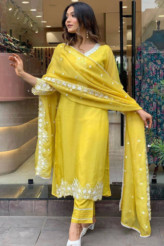 Yellow Georgette Pure Russian  Embroidered Silk Kurta Set_Kumari Sarees