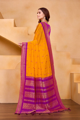 Yellow Pure Handloom Cotton With Gold Zari Silk Saree_Kumari Sarees