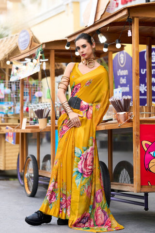 Yellow Pure Georgette Saree 