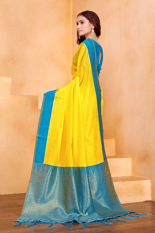 Yellow Pure Handloom Cotton With Gold Zari Silk Saree_Kumari Sarees