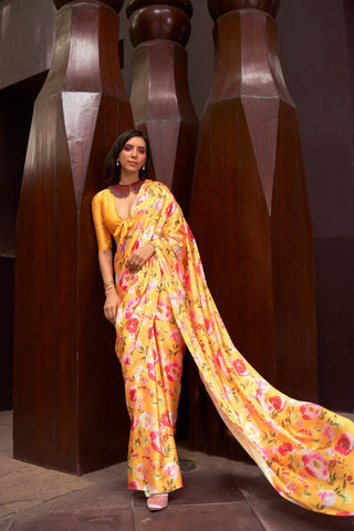 YELLOW DIGITAL PRINTED SATIN CREPE SAREE