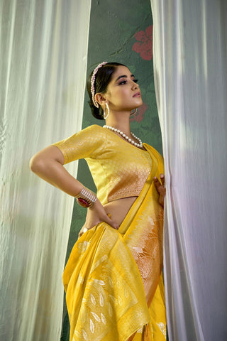 Yellow Pure Silk Crepe Saree_Kumari Sarees