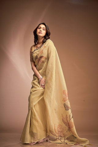 Yellow Zari base Crushed Tissue Saree