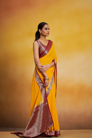 Yellow Georgette Silk Saree_Kumari Sarees