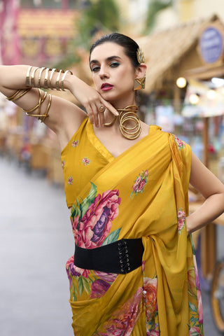 Yellow Pure Georgette Saree 