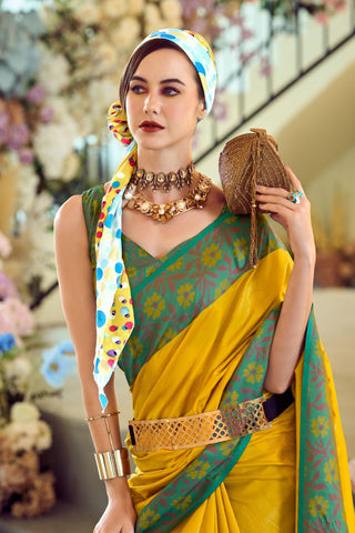 Yellow Soft Silk Ikkat Border Saree_Kumari Sarees