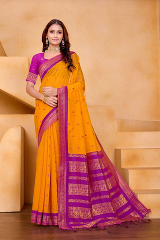 Yellow Pure Handloom Cotton With Gold Zari Silk Saree_Kumari Sarees